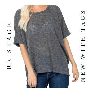 BE STAGE CUFFED‎ SHORT SLEEVE TOP GRAY IN COLOR SIZE LARGE SLIGHTLY SHEER